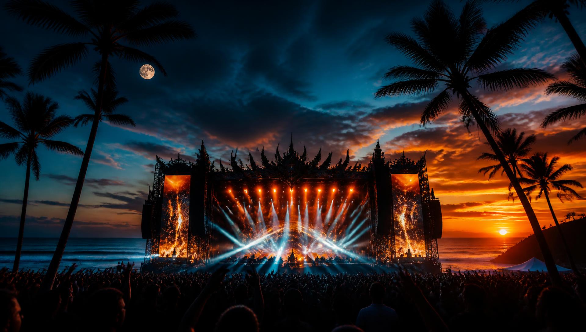Palco do festival ao pôr do sol na praia de Santa Cruz Cabrália, com coqueiros e o mar ao fundo